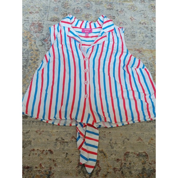 Modern Modcloth Barbie Blue Pink White Stripe Front Tie tank top - Picture 4 of 12